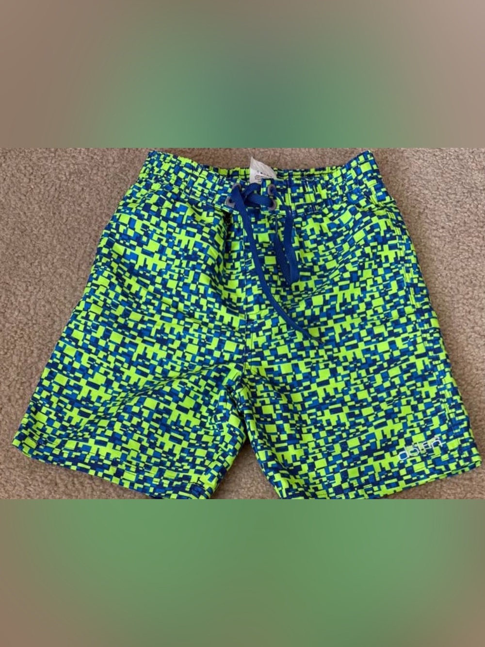 Dolfin Bright Neon Green and Navy Pixel Print Swim Trunks
